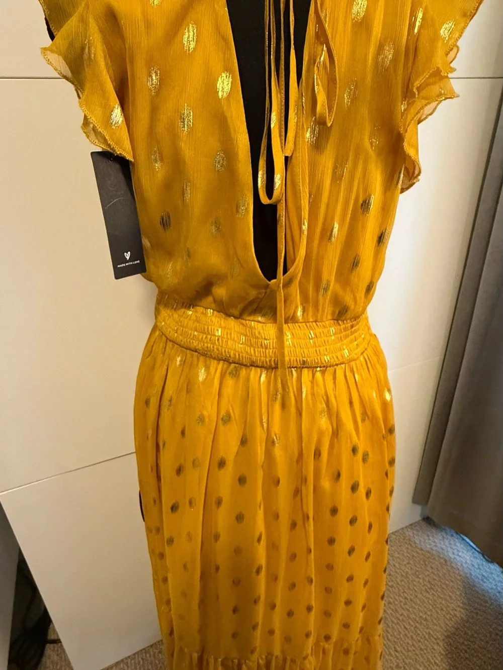 Lulus Cause to Celebrate Yellow and Gold Dot Ruffled Tiered Midi Dress, Size L - Picture 4 of 6
